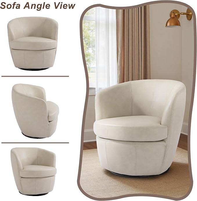 Swivel Barrel Chair Modern Round PU Leather Accent Armchair for Living Room Bedroom Comfy Club Reading Chairs for Adults (Leather Beige Set of 1)
