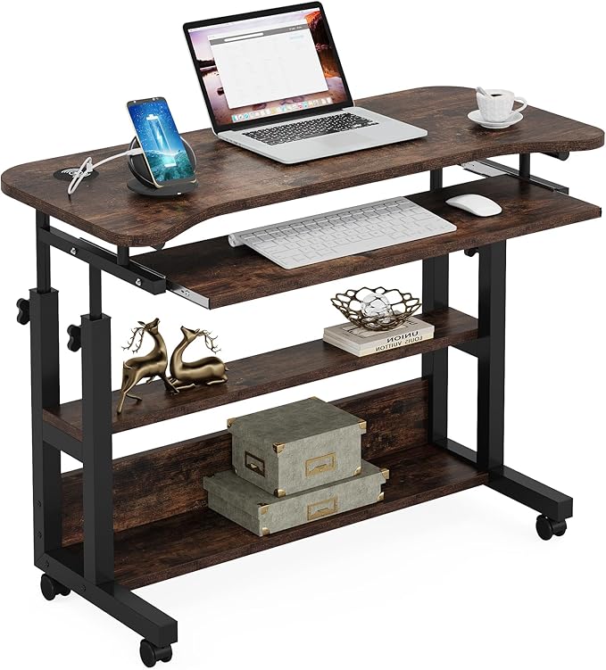 Tribesigns Portable Desk with Power Outlets Height Adjustable Side Table Sofa Couch Bedside Laptop Computer Cart with USB Charging Ports Mobile Small Standing Desk with Keyboard Tray