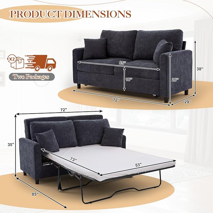 Antetek 72-inch Pull Out Sofa Bed with Mattress Convertible 2-in-1 Folding Full Size Chenille Futon Comfy Loveseat Sleeper Sofa Couch Bed with Square Arms for Guest Room Living Room Bedroom Grey