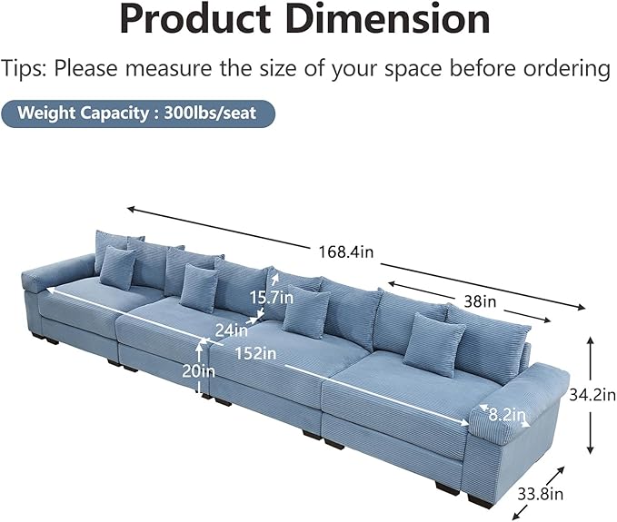 168 Corduroy Sectional Couches for Living Room Blue Comfortable Oversized Sectional Sofa Set with Deep Seat Large 3 Seater Couch Sofas para Sala Modern Corduroy Couch Set