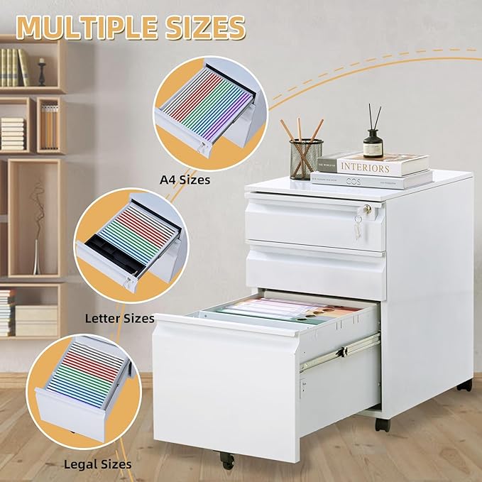 3 Drawer Metal Filing Cabinet with Lock White Mobile File Cabinets for Home Office Under Desk Rolling Storage for Legal Letter A4 Files (15.3 Wx19.6 Dx23.7 H)