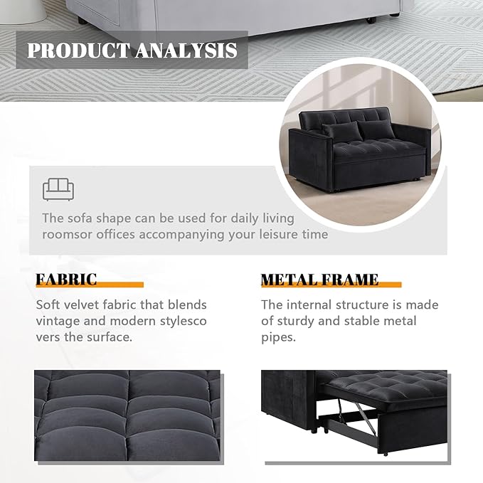 54 Convertible Sofa Bed Velvet Sleeper Sofa with Pull-Out Bed 3-in-1 Futon Couch with Reclining Backrest and Side Pocket Modern Loveseat for Living Room (Black)