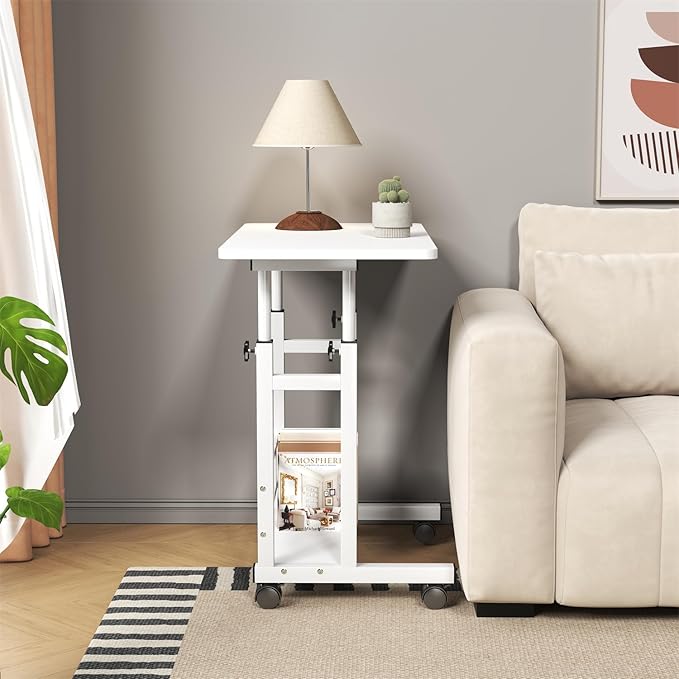Adjustable Height Mobile Computer Desk for Small Space Rolling Writing with Wheels Corner Home Office Study Portable Bedrooms Work Desk Standing Table 31.5x15.75 Inches Height 27.16-35.43 White