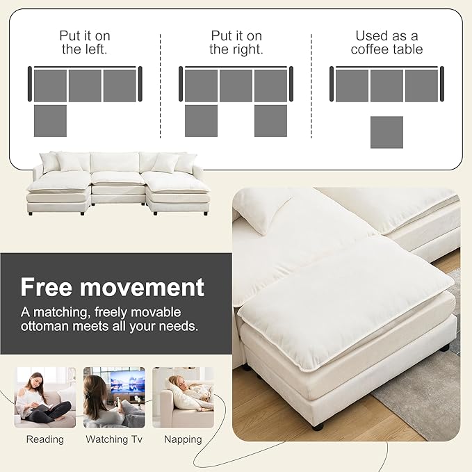 Sectional Sofa Modular Deep Seat Sofa Couch with Ottoman 108'' Chenille Sofa Sleeper Comfy Upholstered Furniture for Living Room Apartment Studio Office (White 108.27- U Shape)