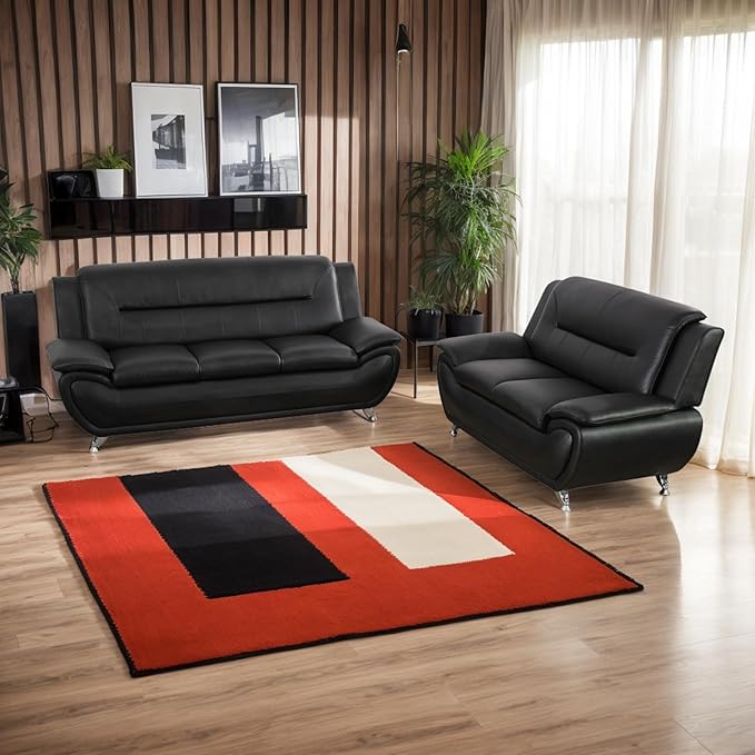 Living Room Furniture Set for Living Room Faux Leather Couch Sets Modern Couch for Apartment Home Office(Sofa and LoveseatBlack 2)