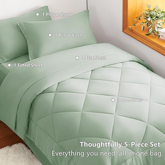 CozyLux Twin XL Comforter Set Sage Green - 5 Pieces Twin Extra Long Bed in a Bag for College Dorm All Season Bedding Set for Girls and Boys Soft Bed Set with Comforter Sheets Pillowcase &amp Sham