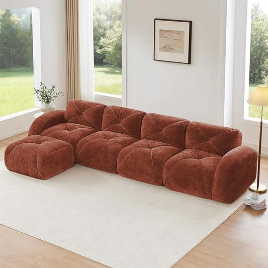 Red L-Shaped Sectional Couches for Living Room Velvet Fabric Boneless Couch No Assembly Cloud Modular Sectional Sofa with 1 Ottoman Foam Couch Compressed Sofa Set for Apartment Sofas para Sala