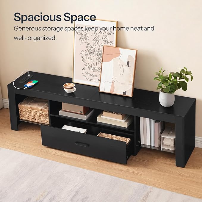 HOOBRO LED TV Stand with Power Outlets to 65 inch TV Gaming Entertainment Center with Glass Shelves and Large Drawer Modern Media TV Console Table for Living Room Bedroom Black BB160UDDS01G1