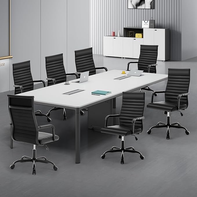 Office Chair Ergonomic Executive Conference Room Chairs Ribbed Leather Desk Chair with Lumbar Support Adjustable Height Mid-Back Swivel Chair with Padded Seat and Square Tube Armrests