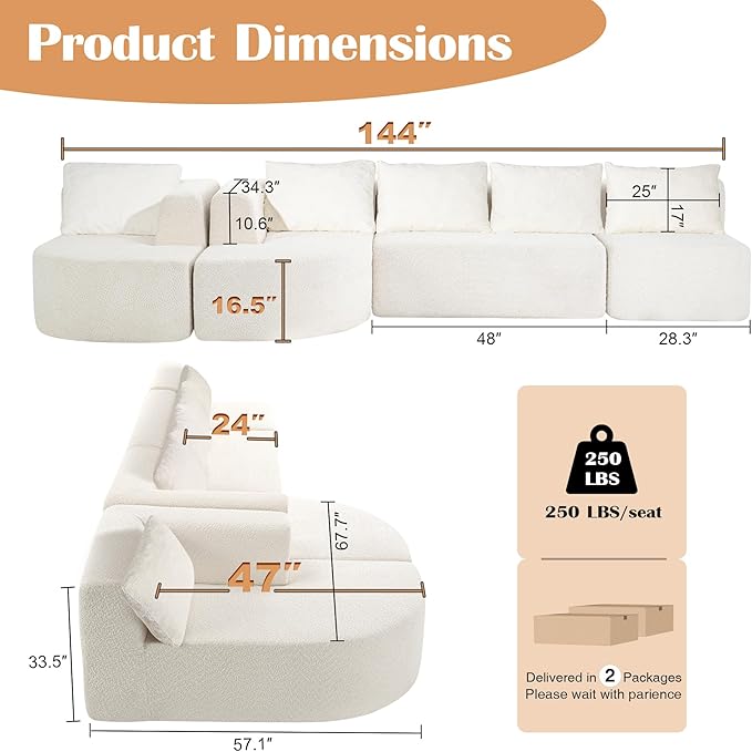 144 Cloud Sectional Couches for Living Room Modern Modular U Shaped Couch with Chaise Lounge Comfy Deep Seat Boneless Sofa No Assembly Required (White) | Instant Comfort Deep Seat Pet-Friendly
