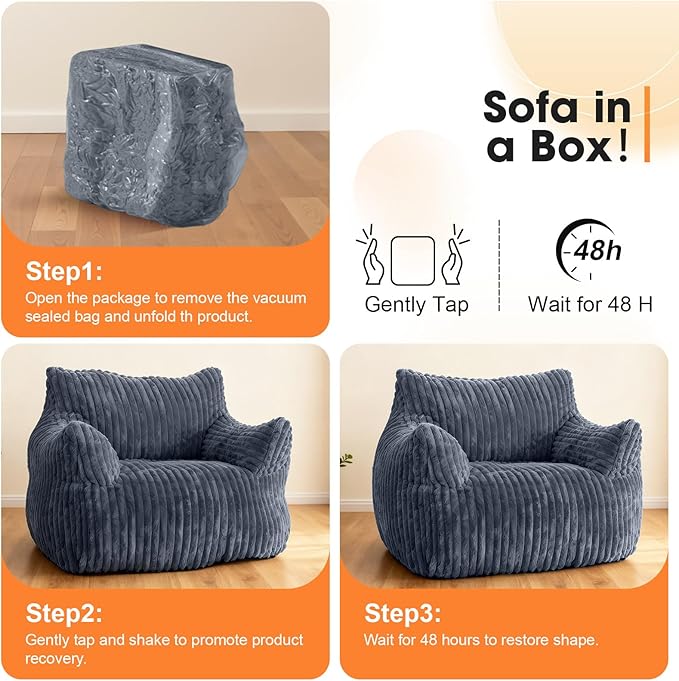 Giant Bean Bag Chair for Adults Oversized Memory Foam Bean Bag Sofa with Armrests Large Comfy Fluffy Single Lounges Mini Couch for Living Room Bedroom &amp Dorm(Gray)