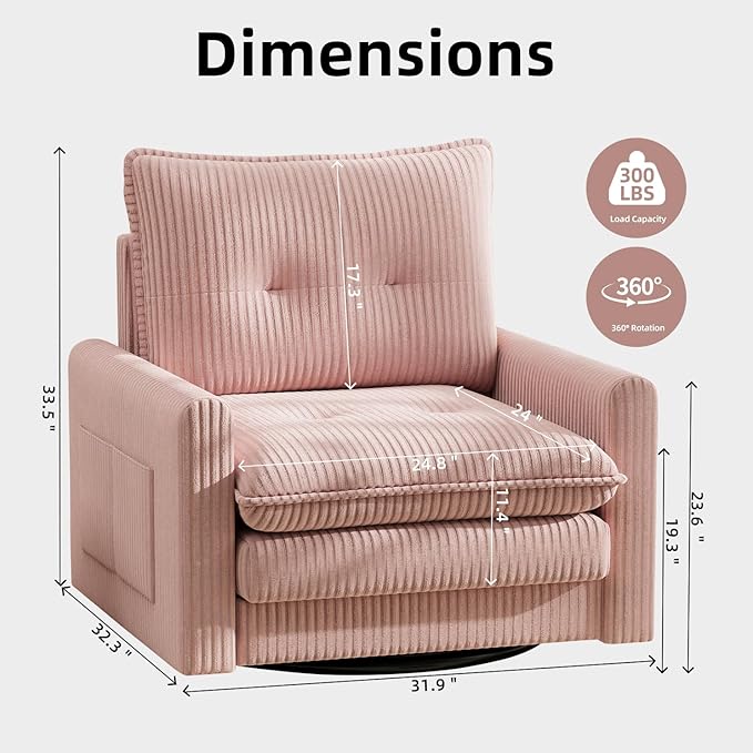 Cozy Swivel Accent Chair Modern Oversized Single Sofa with Armrest Comfy Upholstered Armchair Sofa Large Corduroy Accent Chair for Living Room Bedroom Reading Room Pink