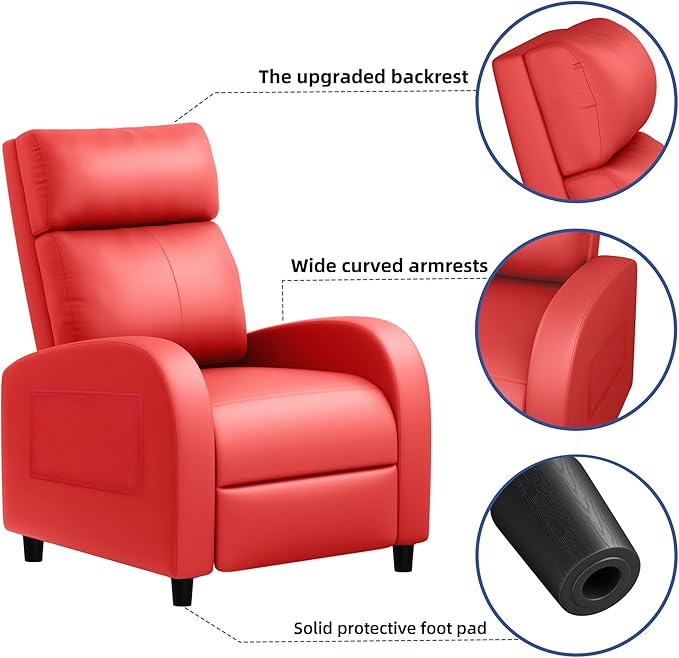 JUMMICO Recliner Chair Adjustable Home Theater Single Recliner Sofa Furniture with Thick Seat Cushion and Backrest Modern Living Room Recliners (Leather Red)