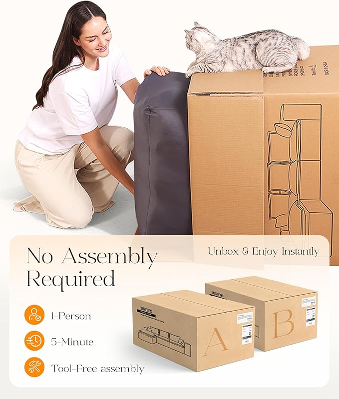 107 Boneless Comfortable Couch with Chaise U Shaped Modular Sectional Couches for Living Room Beige Corduroy Sofas with Ottoman Compressed Sofa in a Box No Assembly Required