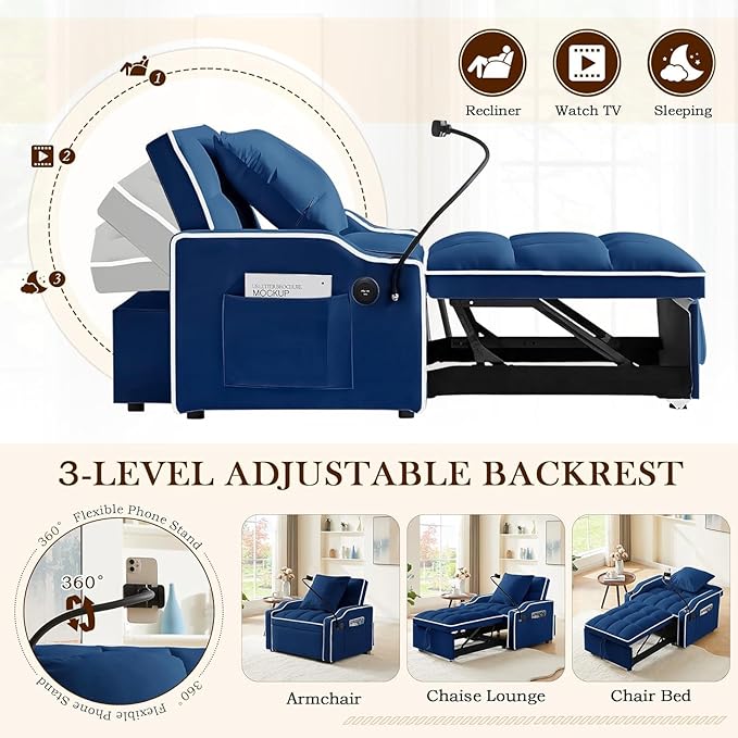 3-in-1 Convertible Sleeper Sofa Bed Chair with Cup Holders &amp Phone Holder Futon Chair Bed with Pull Out Couch Adjustable Backrest Modern Velvet Chaise Lounge Living Room Bedroom (Navy Blue 35.4