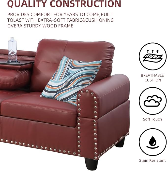 L Shaped Sectional Couch with Storage Ottoman Modern Nailhead Comfy Lounge Sofa with Reversible Cup Holder &amp Chaise 97 4 Seat Modular Sofá for Living Room Apartment Red