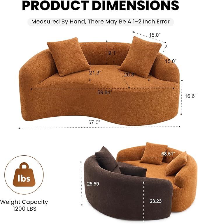 66.9'' Modular Sectional Loveseat Chenille Upholstered Boneless Curved Loveseat with Deep SeatCombination Round Sofa for Coffee Shop Game Room Office (Orang 66.9 Inch)