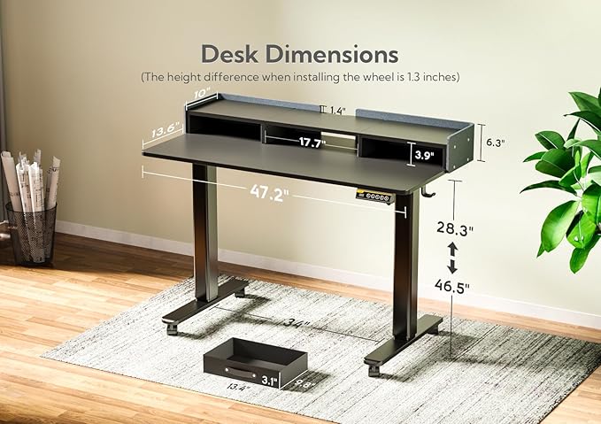 Claiks Standing Desk with Drawers Stand Up Electric Standing Desk Adjustable Height Sit Stand Desk with Storage Shelf and Splice Board 48 Inch Black