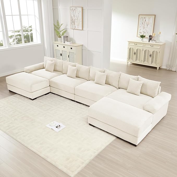 168 Corduroy Sectional Couches for Living Room Beige Comfortable Oversized Sectional Sofa Set with Deep Seat Large 4 Seater with 2 Ottoman Sofas para Sala U Shaped Couch with Chaise Lounge