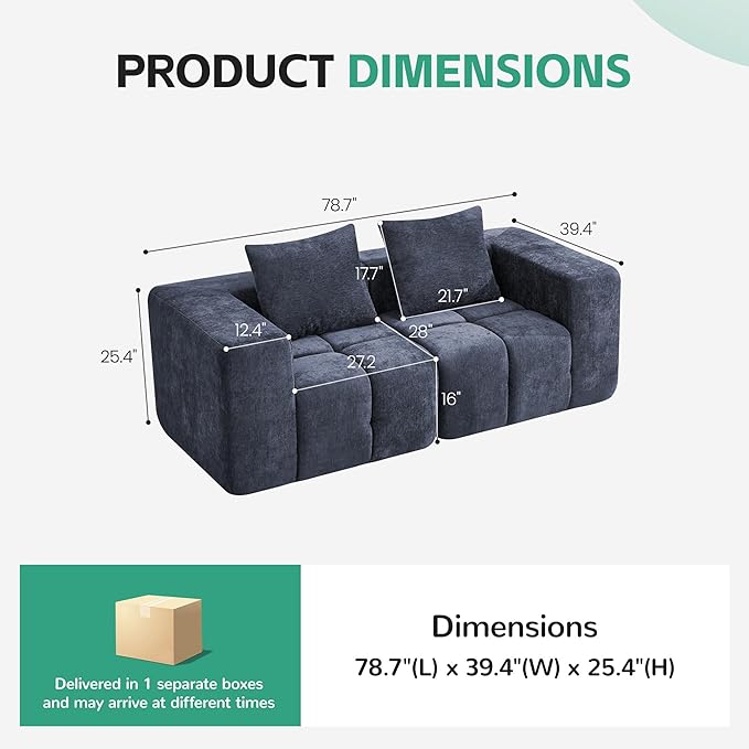 78.7 Boneless Modular Sectional Loveseat Tufted Cloud Couch with Deep Seat Chenille Sofa for Living Room Compressed Sofa No Assembly Required Blue