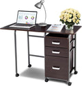 Foldable Computer Laptop Desk w/ 3 Drawers Wheeled Laptop Desk with Metal Frame Space Saving Folding Desk with Rolling Wheels for Home Office Small Space (Brown)