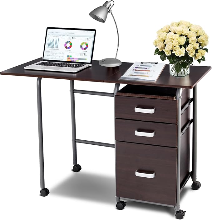 Foldable Computer Laptop Desk w/ 3 Drawers Wheeled Laptop Desk with Metal Frame Space Saving Folding Desk with Rolling Wheels for Home Office Small Space (Brown)