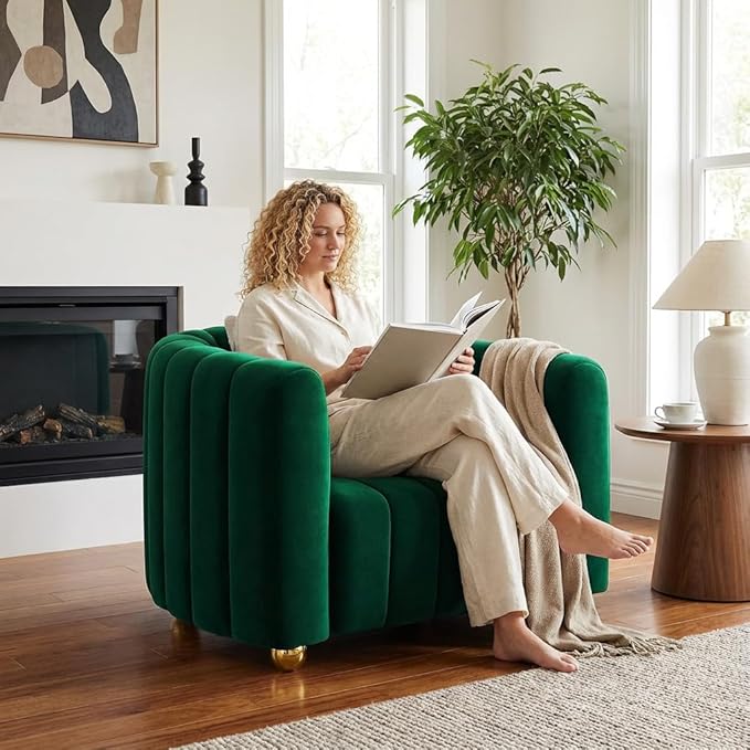Modern Velvet Sofa Couch for Living Room 42 Comfy Upholstered Sofa Chair with Gold Metal Legs &amp Pillow Luxury Sectional Armchair Sofa for Bedroom Office Apartment (Green 1 Seater)