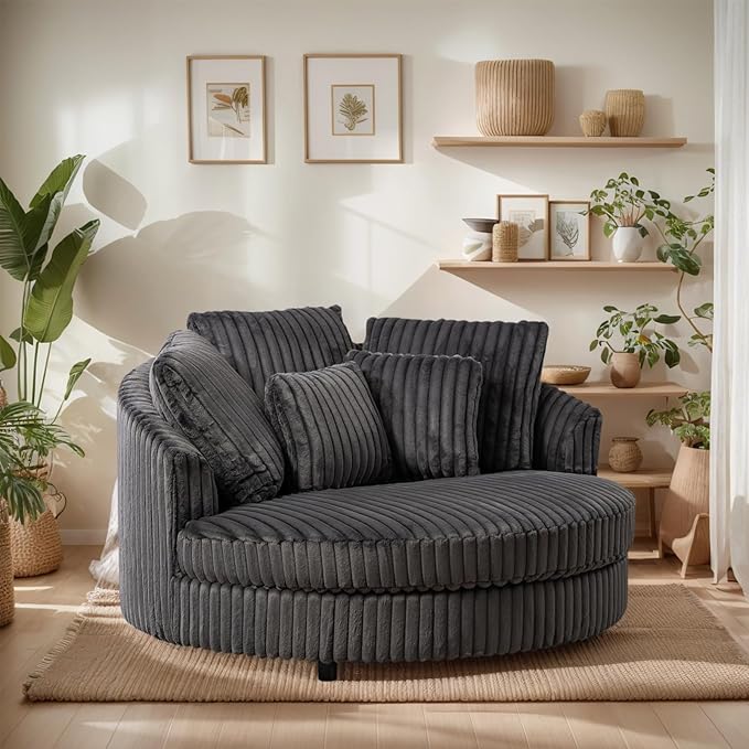 Chifee &amp Vingol 59.8 W Oversized Accent Round Chair Large Barrel Chair with Wheels &amp 5 Pillows Faux Fur Fabric - Charcoal