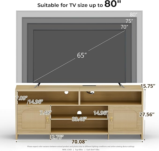 Fluted TV Stands for Living Room 70 Mid-Century Modern Entertainment Center with LED Lights and Open Storage Shelves Curved TV Media Console (Natural Oak)