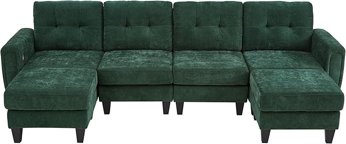 P PURLOVE Modern Sectional Sofa Couch Pull-Out Sofa Bed Versatile Sleeper with Two Movable Ottomans USB Ports and Side Tables for Living Room Apartment (Green)