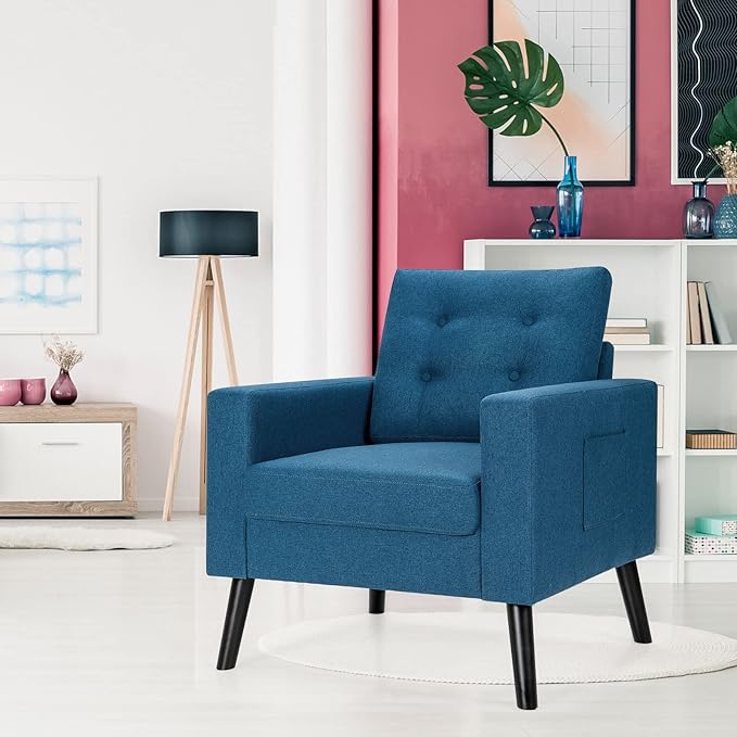 Giantex Modern Accent Chair Mid-Century Upholstered Armchair Club Chair with Rubber Wood Legs Patented Linen Fabric Single Sofa for Living Room Bedroom Office Navy