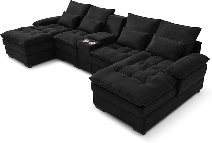 KEIKI 130 U-Shaped 6 seat Sofa with Storage Console Cup Holders Upholstered Sectional Sofa Button Tufted Cloud Cushion Couch for Home Office Apartment Black