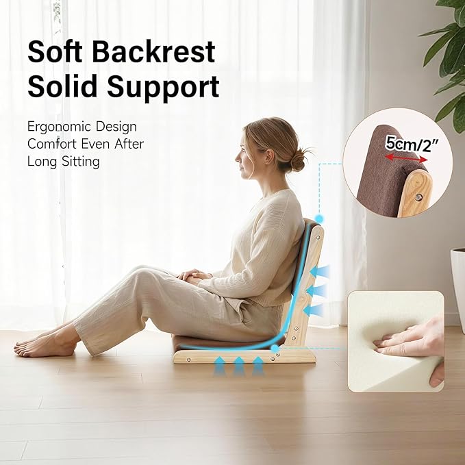 Tiita Foldable Tatami Chair Japanese Floor Chair Wood Legless Back Rest Chairs with Cushion Accent Meditation Floor Chairs Bay Window Wood Brown