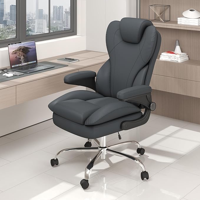 Office Desk Chair Executive Leather Office Chair High Back Ergonomic Home Desk Chair with Padded Flip-up Arms Big and Tall Computer Chair with Rocking Function 360°Swivel Free Gray