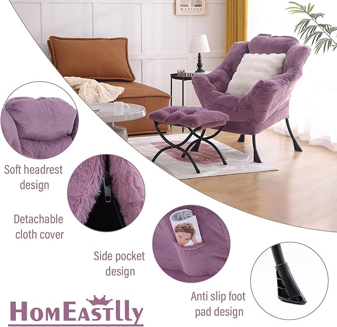 Lazy Chair with Ottoman Large Purple Accent Chair with Ottoman and FA Throw Pillow Comfy Plush Reading Chair for Living Room Bedroom Dorm Room Office Apartment Relaxing Use