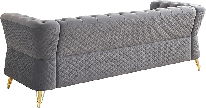 KEIKI 87 Chesterfield Velvet Button Tufted Sofa with High Density Foam Cushions Modern Style 3-Seater Couch with Gold Strip Trim Decoration Easy Assembly for Apartment Living Room Office Grey