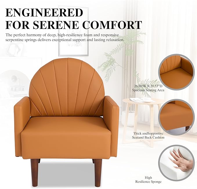 PU Accent Chairs for Living Room with High-Density Foam Cushion Mid-Century Single Sofa Armchair with Solid Wood Legs Upholstered Reading Chair for Bedroom Home Office (Shell Orange)