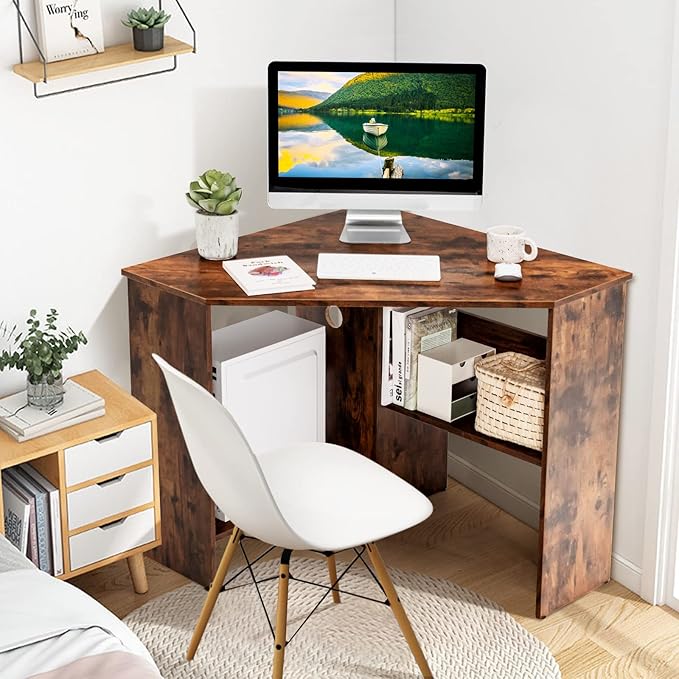 COSTWAY Corner Computer Desk Space-Saving Triangular Writing Desk w/ 2 Storage Shelves &amp 2 Cable Holes Multi-Functional Console Table for Small Space in Home Office Living Room Bedroom (Coffee