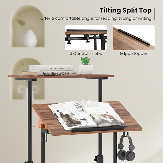 Tangkula Mobile Standing Desk Height-Adjustable Laptop Podium Cart with Tilting Tabletop &amp Adjustable Angle Rolling Stand Up Computer Desk with 2 Hanging Hooks &amp Lockable Casters for Home Of
