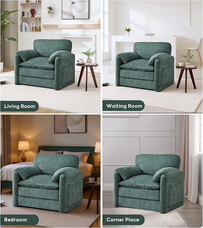 Tbfit Oversized Accent ChairModern Chenille Armchair for Living Room Comfy Upholstered Reading Chairs for Bedroom Apartment Office RV Green