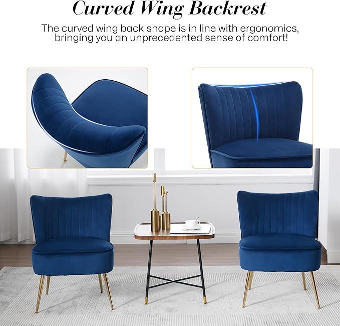 Velvet Accent Chair Set of 2 Comfy Upholstered Side Chair with Gold Metal Legs and Padded Seat Modern Small Corner Armless Living Room Chairs with Wing Back Blue