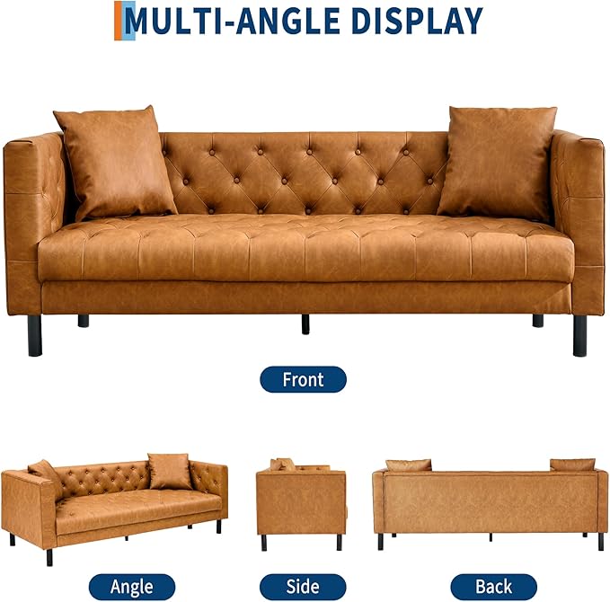 81 Button-Tufted Leather Sofa Mid-Century Modern Chesterfield 3 Seater with Deep Seat and 2 Pillows Ideal Leather Couch for Living Room Apartment and Office Use (Cognac Tan)