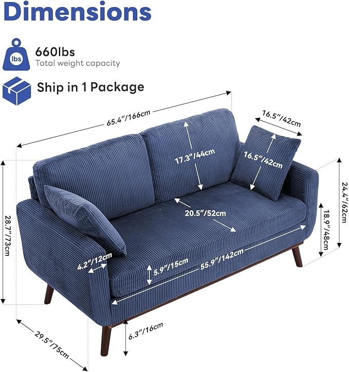 Tbfit Corduroy Couch for Living Room Mid Century Modern Sofa with Spring Cusions for BedroomComfy Upholstered Couches Easy Assembly with Solid Wood Legs &amp 2 Pillows (Blue 65inch)