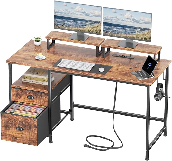 Furologee 47 Inch Computer Desk with Power Outlet Home Office Desk with Monitor Stand File Drawers Cabinet CPU Stand &amp Hooks Writing Table for Bedroom Study Work Rustic Brown (Rustic Brown)