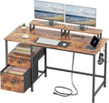 Furologee 47 Inch Computer Desk with Power Outlet Home Office Desk with Monitor Stand File Drawers Cabinet CPU Stand &amp Hooks Writing Table for Bedroom Study Work Rustic Brown (Rustic Brown)