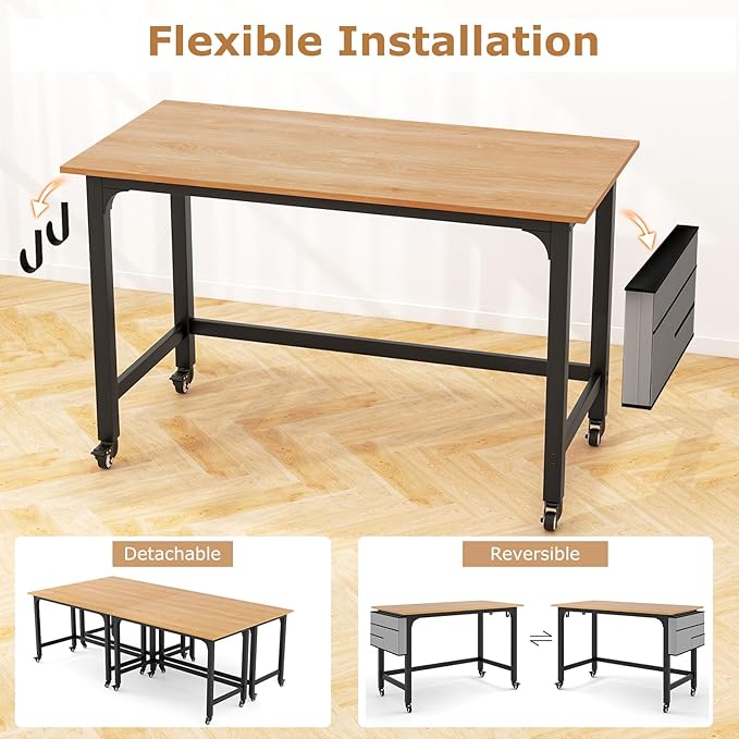 Tangkula Conference Room Table Set of 4 Mobile Computer Desk with Removable Storage Bag &amp 2 Hanging Hooks Rolling Meeting Table with Heavy-Duty Metal Frame Conference Desk (Natural)