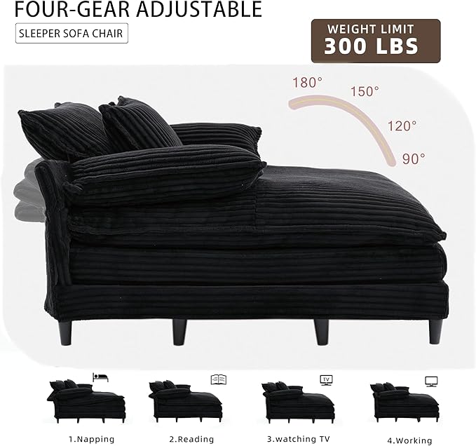 54.8 Oversized Chaise Lounge Chair Cozy Sleeper Sofabed Plush Corduroy Upholstered Cloud Lounge Sofa Daybed with Detachable Pillow Armrest and 4 Angles Adjustable Backrest