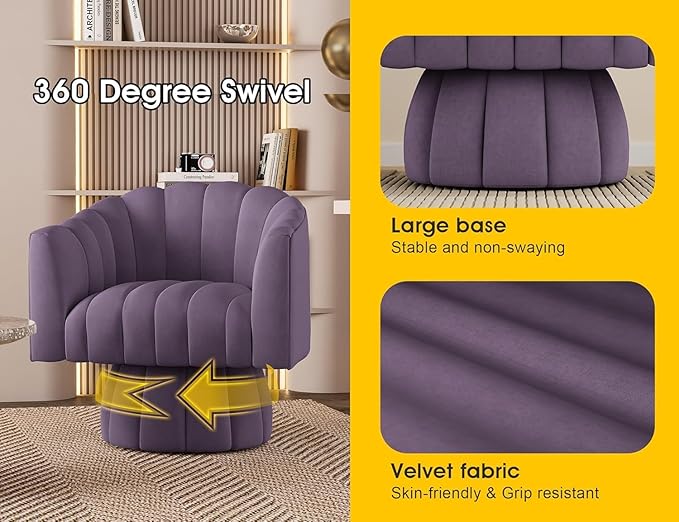 Accent Chair Mid Century 360 Degree Swivel ChairModern Lounge Sofa Round Barrel Chair with Wide UpholsteredFluffy Velvet Fabric Chairs for Home Sofa Living Room/Bedroom/Waiting Room(Purple)