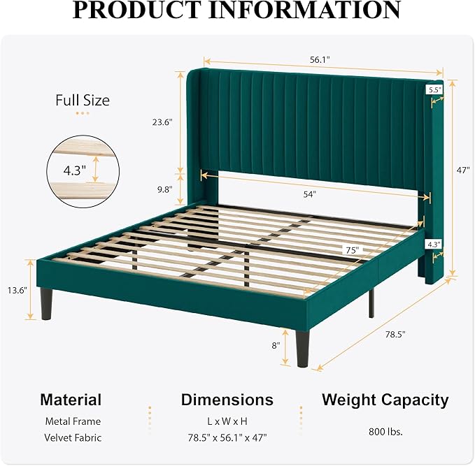 SHA CERLIN Full Size Velvet Bed Frame with Vertical Channel Tufted Wingback Headboard Upholstered Platform Bed with Wood Slats No Box Spring Needed Easy Assembly Teal