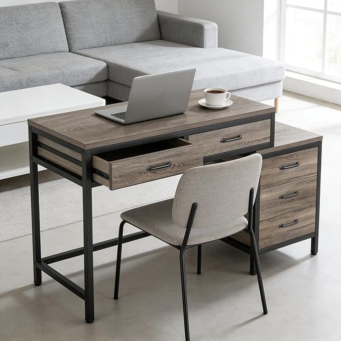 Computer Desk with Adjustable Position Drawers Gray Gaming Desk with Storage Compact Home Office Desks Vanity Desks Without Mirror for Bedroom/Study Writing